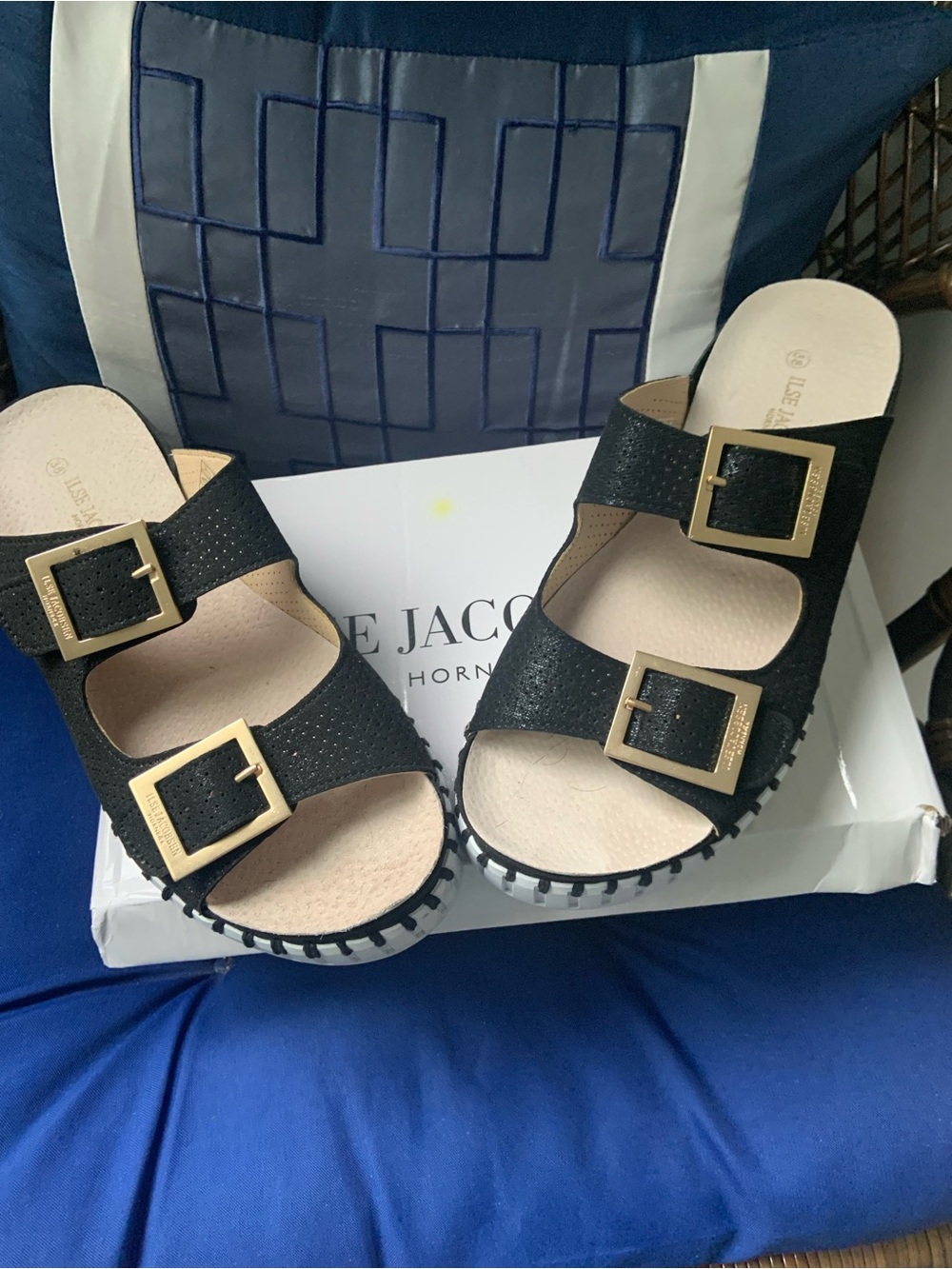 Ilse Jacobsen Black Slide Sandals with Gold Buckles